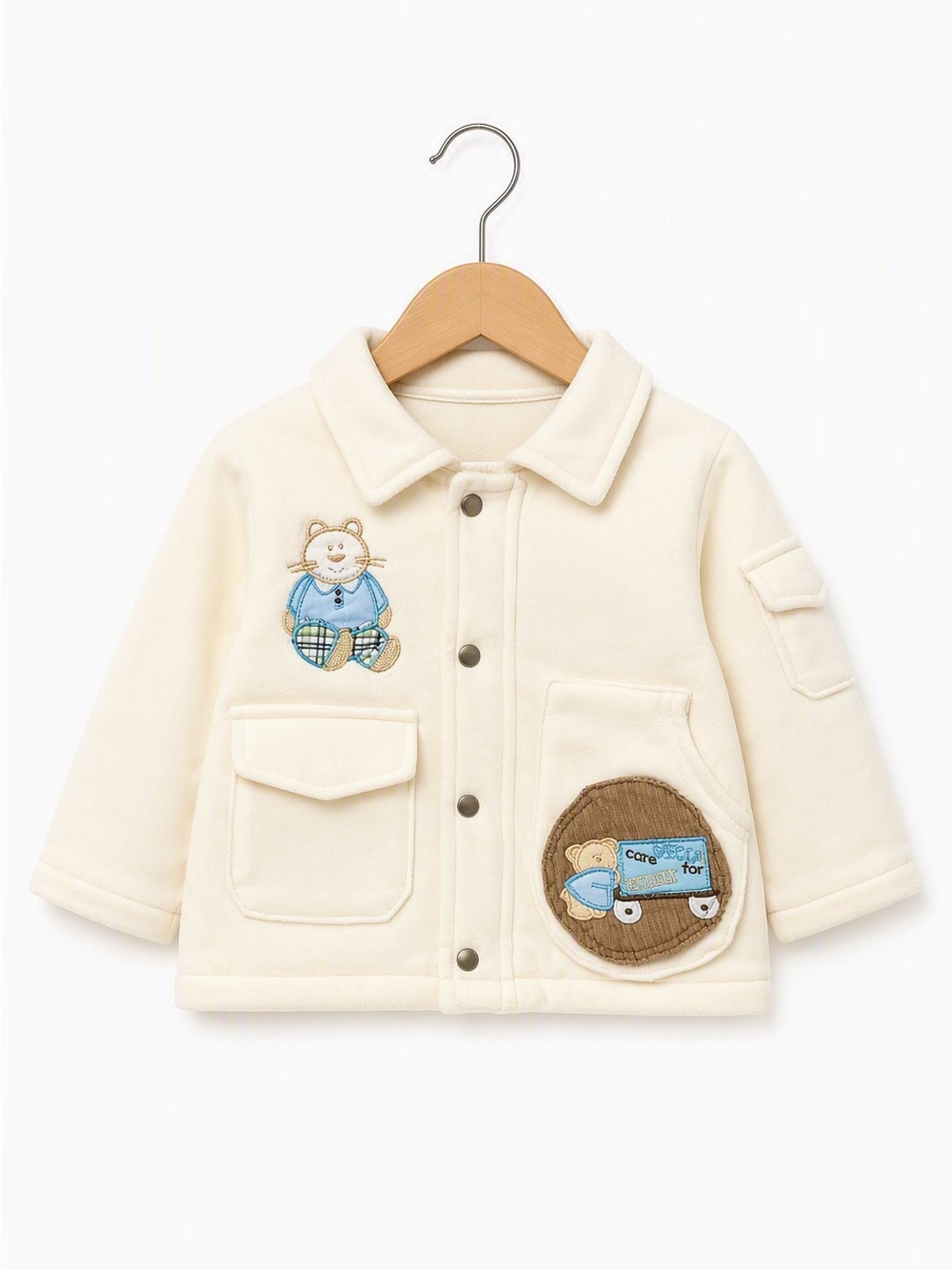 ⭒ 6M VTG Cream Chunky Jacket Embroidered Bear Pockets Collar Velour ⭒